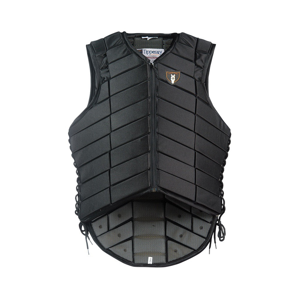 Black ribbed equestrian safety vest with side laces and Tipperary logo on breast