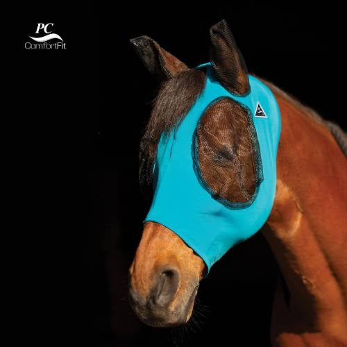 Bay horse shown wearing a pacific blue lycra fly mask with large netting areas around the eyes