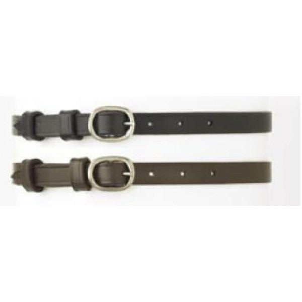 a brown and a black leather equestrian spur strap with rounded buckle