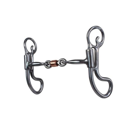 Western style equine snaffle bit with tear drop shaped sides and a copper roller in the center.