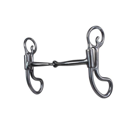 Western style equine snaffle bit with tear drop shaped sides.