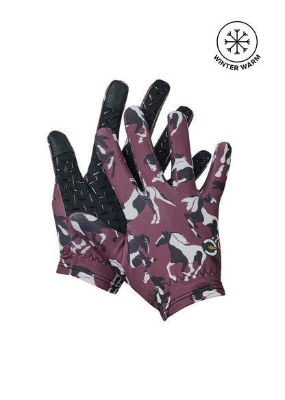 equestrian riding gloves with a galloping horse print.  Main color is maroon