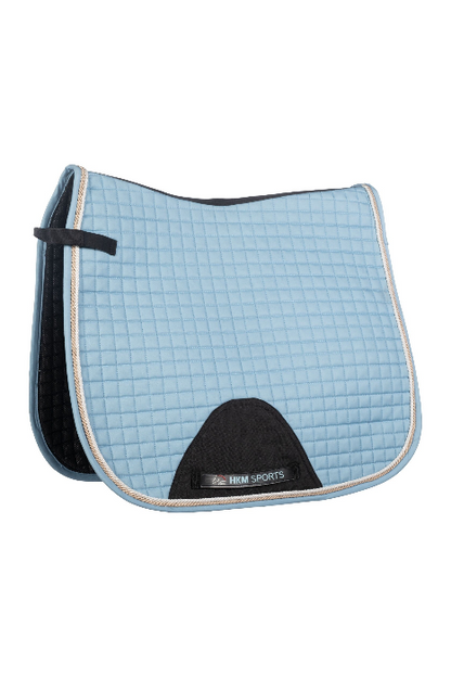 light blue equestrian saddle pad with white and tan piping, black girth cut out with black saddle strap