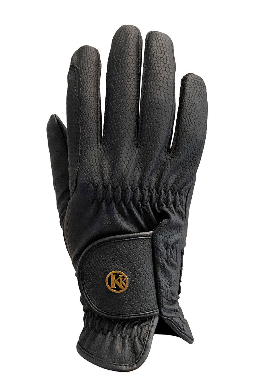 Black synthetic leather fitted glove.  Velcro enclosure at wrist with a K logo