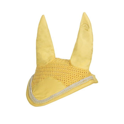 yellow equestrian fly bonnet with white and yellow piping