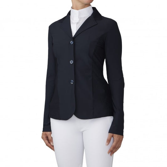 Female modeling a black, 3 button equestrian show coat.