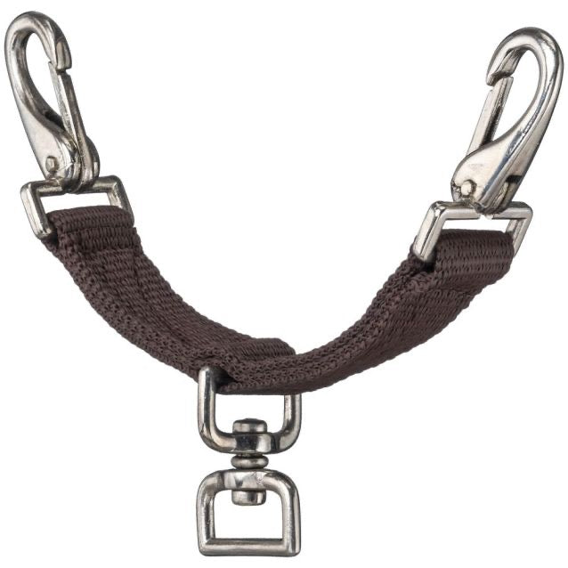 Brown nylon strap with silver hardware intended to be used as a lunging aid