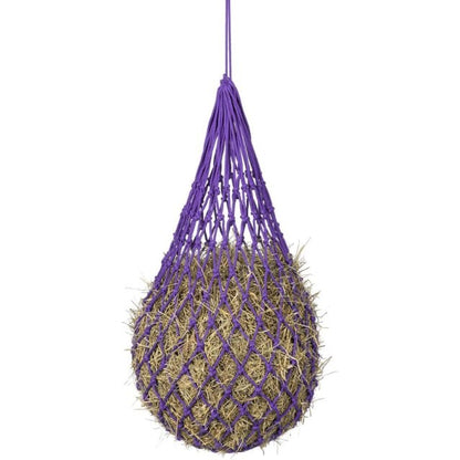 Purple hay net - horse slow feeder - filled with hay