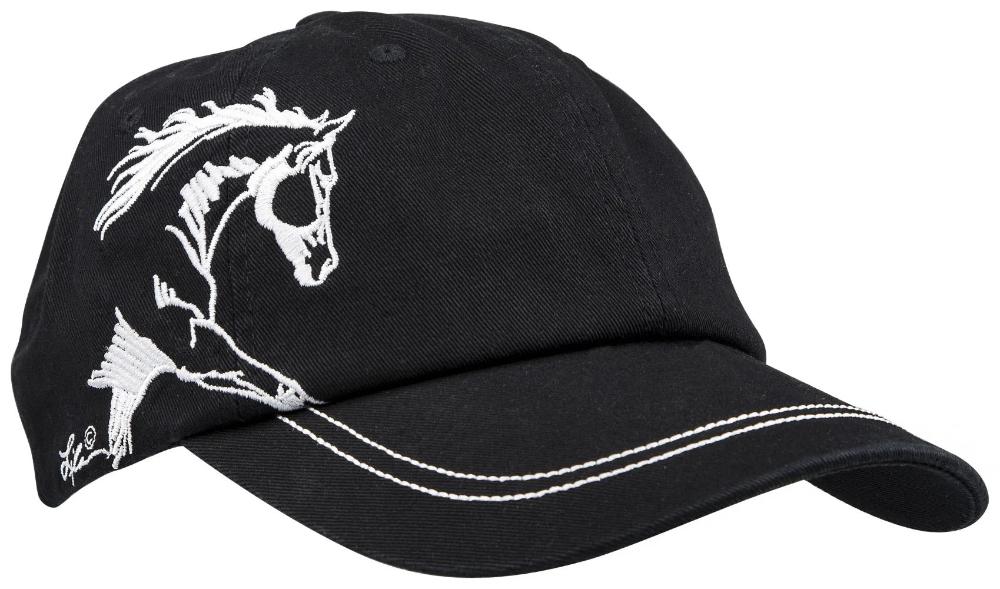 Black baseball style cap with white stitching and a white embroidered horse on side