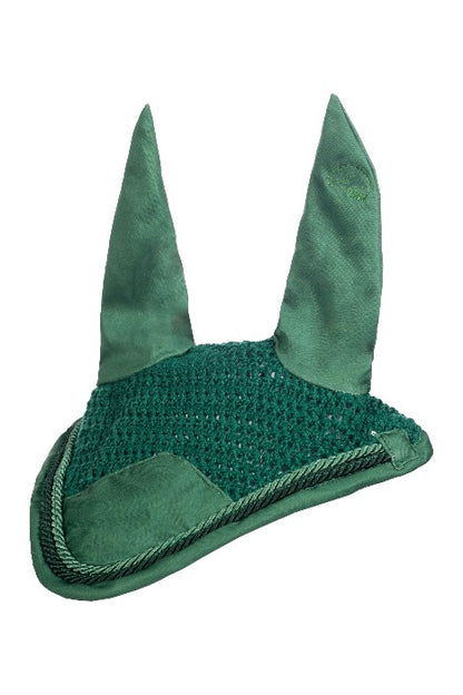 kelly green equestrian fly bonnet with kelly green and dark green piping