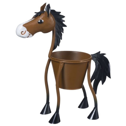 Painted metal decor planter. Bay horse design with white nose, cone hooves, and whimsical wavey legs