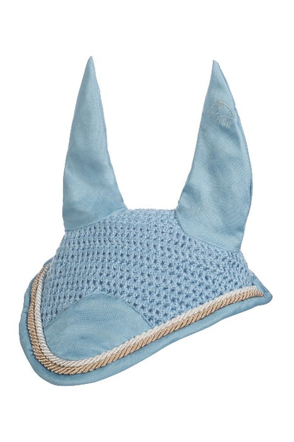 light blue equestrian fly bonnet with white and tan piping