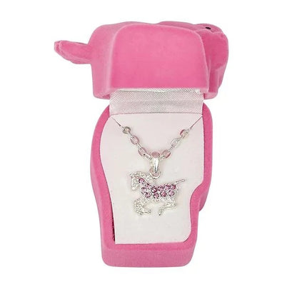 Silver galloping horse necklace with pink stones in a pink horse head gift box.