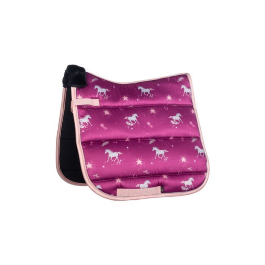 Magenta pink english saddle pad  with white, silvery stars and horses print