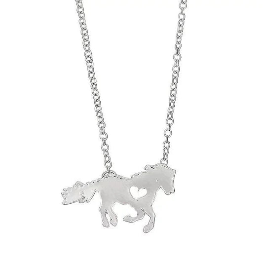 silver necklace with running horse pendant with a heart shape cutout