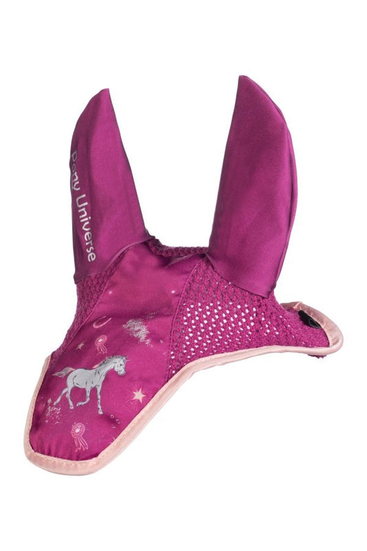 Magenta pink equine ear bonnet.  White pony and stars on front.  "Pony Universe" in white print showing vertically on the ear.