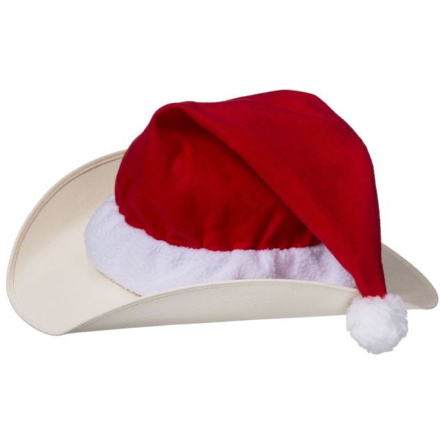 pic of a western style hat covered with a santa hat