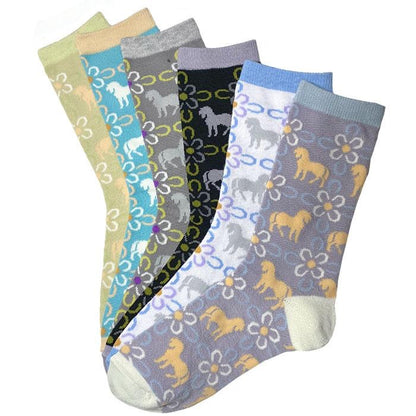 Six crew socks in varying colors all featuring horses and flowers.