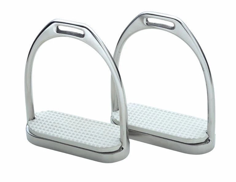 Set of two silver traditional english stirrups with white pads