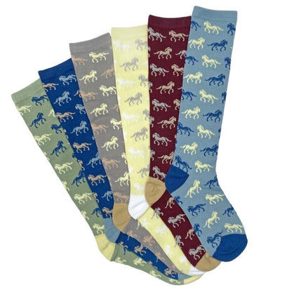 Group of six color variations of tall socks with frolicking horses print.