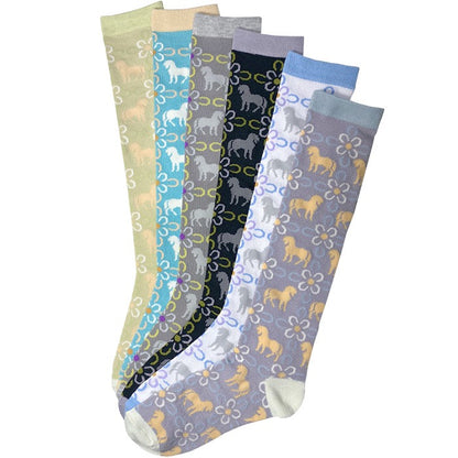 Group of six color variations of tall socks with horses and flowers print.