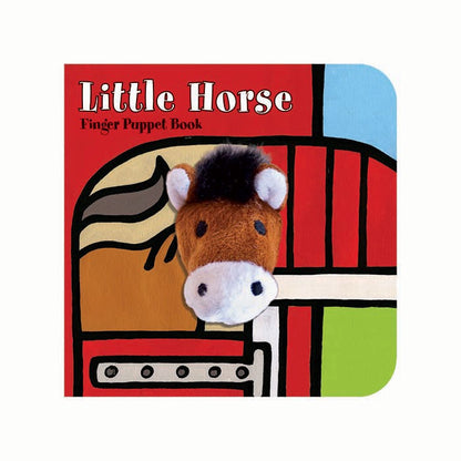 Book cover for baby's finger puppet book.  Shows a bay colored horse with a white nose and ears