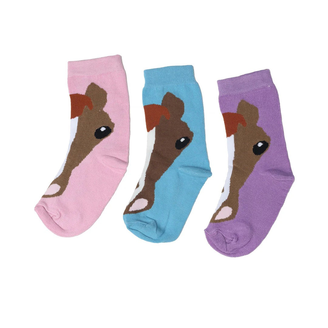 Pink, Blue and Purple socks with brown horse face