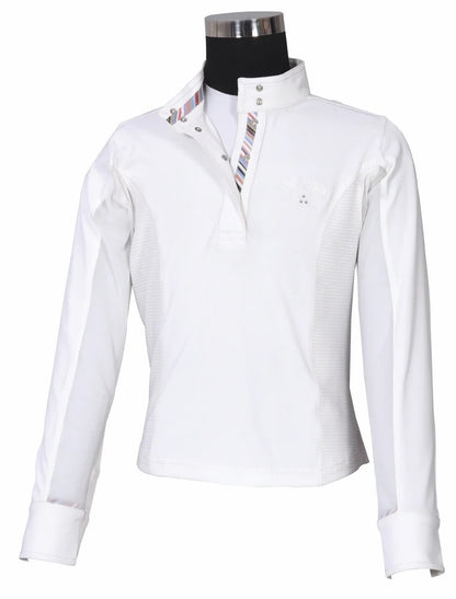 White equestrian show shirt with striped design on the inside collar