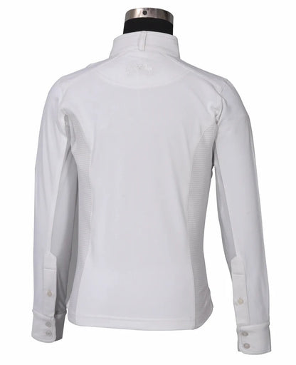 back side view of a white equestrian show shirt.