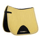 yellow equestrian saddle pad with white and yellow piping, black girth cut out with black saddle strap