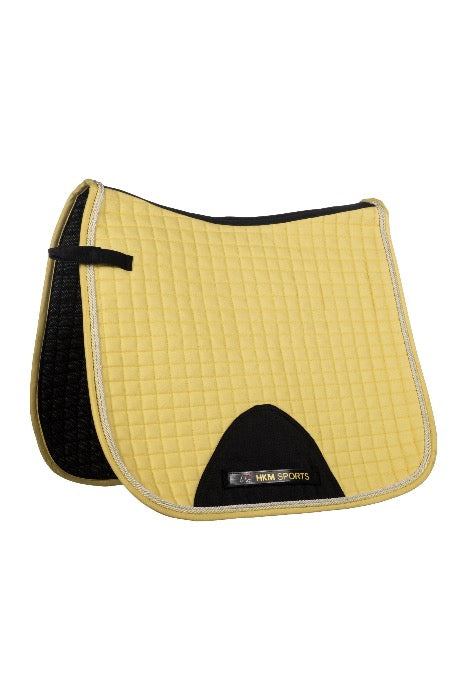 yellow equestrian saddle pad with white and yellow piping, black girth cut out with black saddle strap