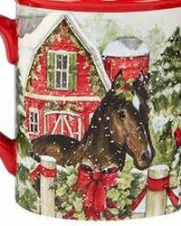 Christmas mug with red handle and rim with a snowy barn and horse scene