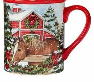 Christmas mug with red handle and rim with a snowy barn and horse scene