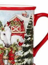 Christmas mug with red handle and rim with a snowy barn and horse scene