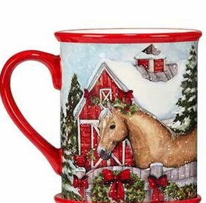 Christmas mug with red handle and rim with a snowy barn and horse scene