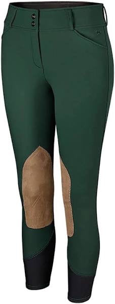 Dark green equestrian riding pants with tan knee patches