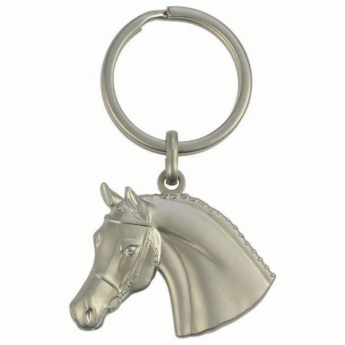 Silver keychain with a 3D horse head wearing a bridle