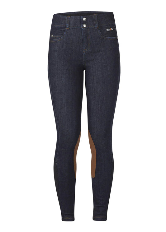 Navy denim riding breech with tan knee patch
