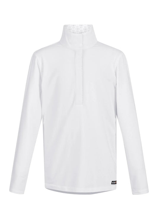 Front side of a white long sleeve equestrian show shirt