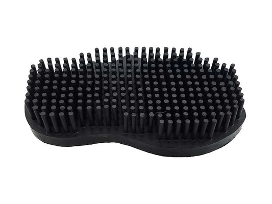 Black rubber grooming brush with bristles on a white background