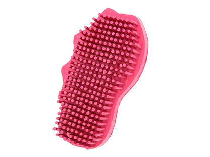 Pink rubber grooming brush with bristles on a white background