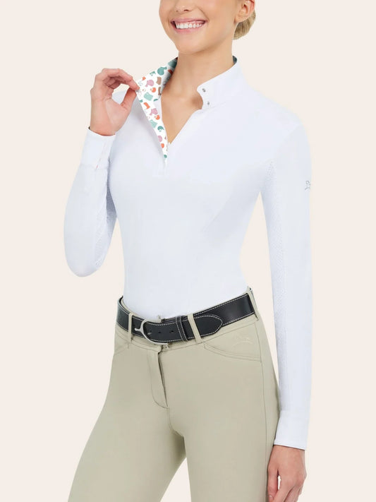 White equestrian show shirt with inside collar print