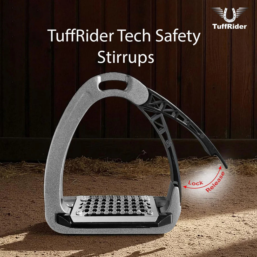 TuffRider Tech Safety Stirrup with lock mechanism on a wooden background