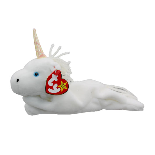 White unicorn plush toy with a red tag "Ty Beanie Baby" on a white background