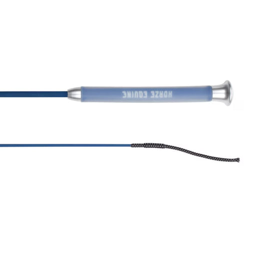 Blue equestrian dressage whip with a silver handle cap on a white background