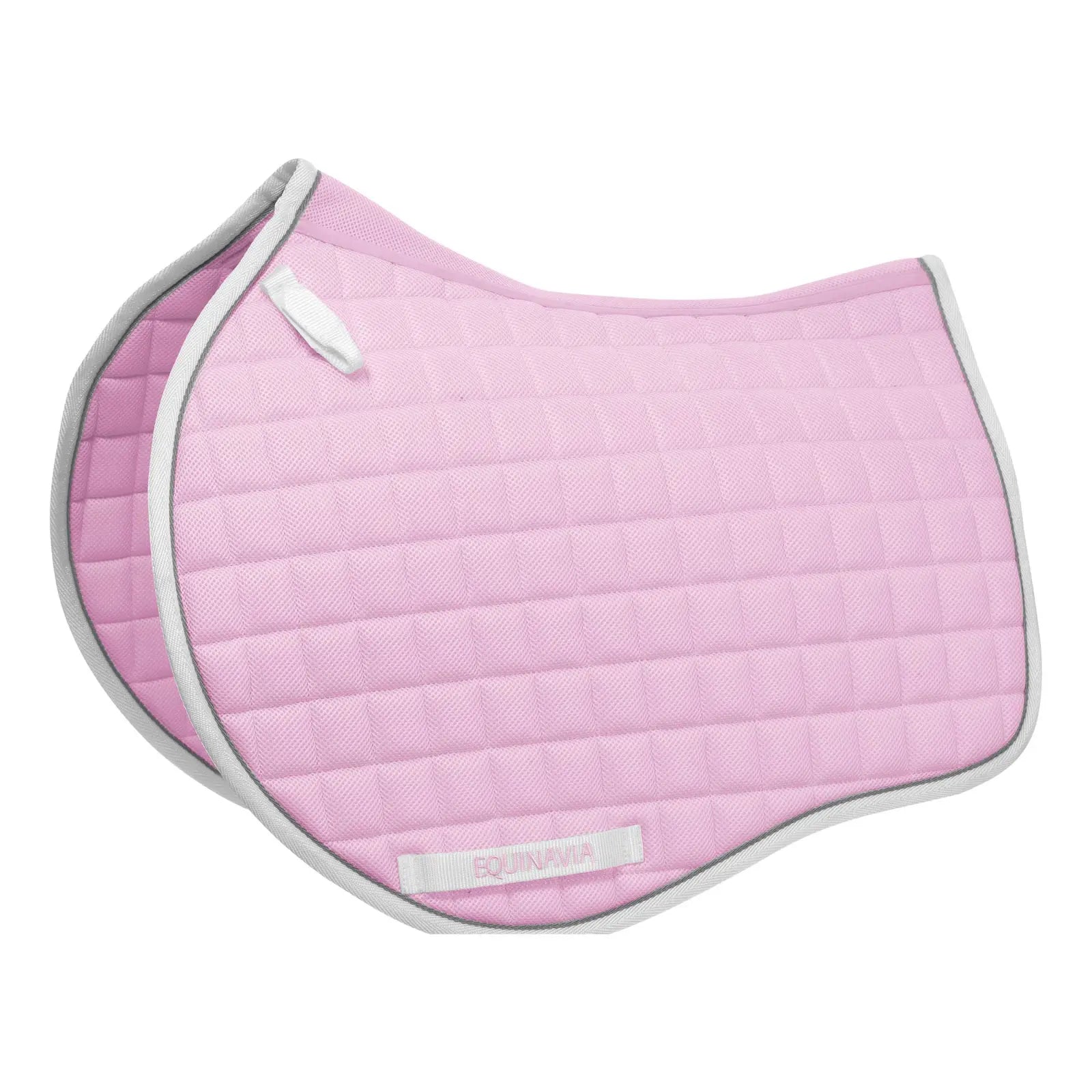 Pink quilted saddle pad with white trim on a white background