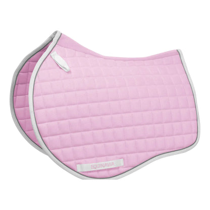 Pink quilted saddle pad with white trim on a white background