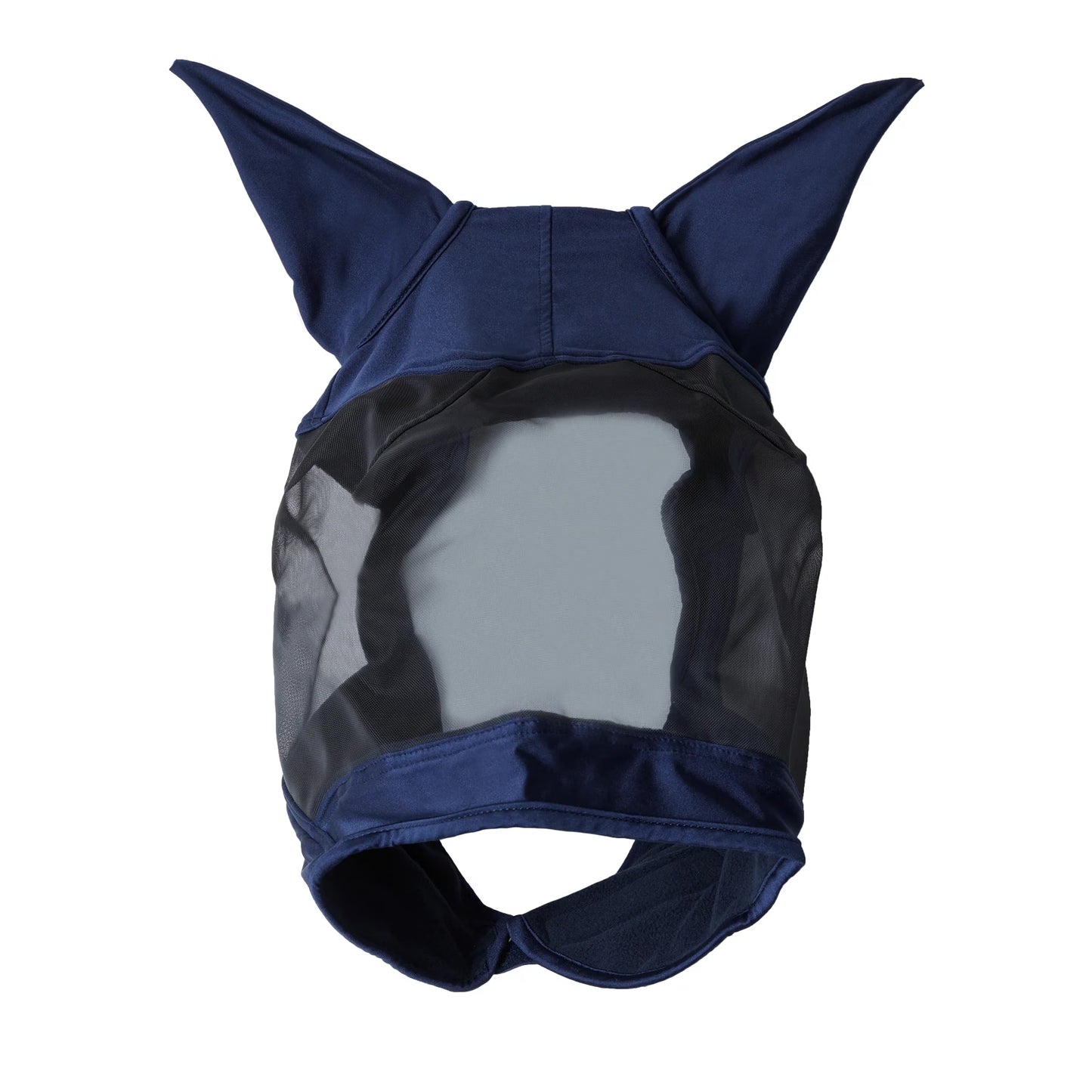 Navy blue fly mask with mesh face area on a white background