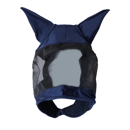 Navy blue fly mask with mesh face area on a white background