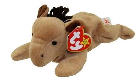 Plush horse toy with a red Ty Beanie Baby tag on a white background